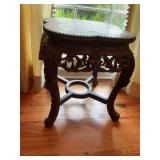 18“ x 19“ Asian rose marble and wood plant stand. See photos for water stains and scratches.