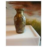 Vintage 5 inch Japanese Meiji bronze, mixed metal vase with flowers and bird