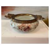 Antique Wave Crest open pin/trinket dresser jar with brass trim 7“ x 2 1/4“