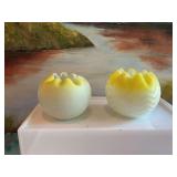 Two vintage Fenton yellow satin rose bowls with crimped edges, 4” x 3” and 5” x 3 1/2”