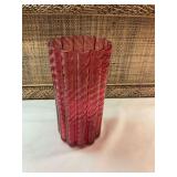 Vintage 9 1/2 inch Pilgrim cranberry glass vase, Crystal optic rib swirl, scalloped