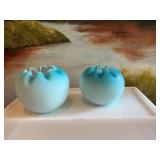 2 Vintage Fenton Rose Bowl, fading blue satin glass vase with crimped edge 4“ x 3“ and 4 1/4” x 3 1/4”