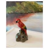 Vintage ceramic hand-painted parrot flower frog 4 1/2 inches.