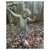Concrete cherub boy and turtle garden/pond fountain statue. condition as shown, use ornamental decor only. 44 inches.