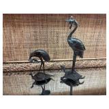 Two Antique Asian bronze turtle and crane statues. As is. 10 inches tall and 5 1/2 inches tall.