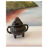 Chinese bronze, black incense, burner with lid and handles.. Vanlines.