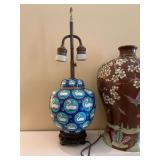 Antique Asian Cloisonné 20 inch lamp with birds. Blue ginger jar style on wooden base.