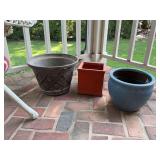 Grouping of three pots; the plastic is 16 x 11”. The terra-cotta is 8 1/2 in.² squared by nine and the ceramic pot is 11 1/2” x 9.