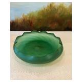 Vintage 10 1/2 inch hand blown green ruffled bowl