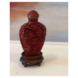 Antique carved red Cinnabar Chinese snuff bottle 3 inches without stand