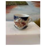 Antique Victorian porcelain mug 1885 hand painted gold Tudor Rose ornate tea cup with blue and red