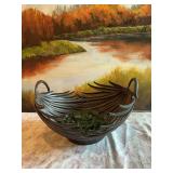13”x8” Metal decorative bowl with green marbles