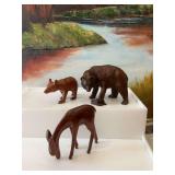 Set of 3 animal figurines. 2 wood and 1 resin