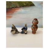 Two miniature vintage Chinese mud men, one with damage as shown. And a wooden handpainted figure.