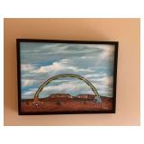 25“ x 19“ black framed painting of Rainbow in Desert by A Haloo