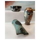 Art Studio pottery wall pocket case with woman 4”. ,  4 inch geisha girl vase (has chip) and a 3 1/2 inch floral cloisonné bowl-China