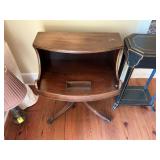 Antique mahogany, four legged, brass footed table on wheels with built-in copper tray, 24” x 16” x 27 1/2”