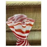 8 1/2“ x 8“ Red and white beau rivage handkerchief, peppermint swirl, striped blown art glass vase