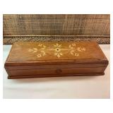 Antique 17“ x 6“ x 4“ inlaid floral marquetry wooden lined box with S monogrammed on front.