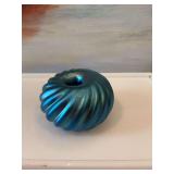 Orient and Flume blue iridescent art glass doughnut swirl paperweight.-signed-3 1/2 inches