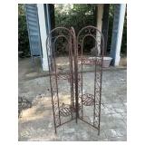 Three-way metal plant stand. Hold six pots with 7 inch openings.. 52 inches tall, each of the three sections is 13 1/2 inches wide. Does fold.