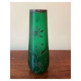 Hand blown Cameo floral art glass green with silver overlay vase 9 inches
