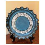 13 inch Blue ruffle edged pottery plate.  Signed Becky Bolton Crisswell