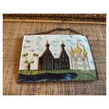Vintage Russian enamel on copper wall hanging decor. Palace design with Cathedral Church 8” x 5 1/2”