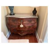 Beautiful French inlaid three drawer chest with brass and marble top. 46” x 23” x 35” could not get a picture of sides due to location.