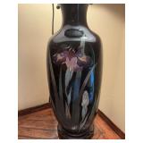 29 inch Black enamel with Iris cloisonne lamp on wooden base. Some damage as shown see photos.