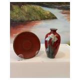 Vintage Japanese 4 inch Cloisonne vase with Irises and a 3 3/4” trinket tray