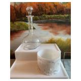 Antique etched decanter with a white milk glass ruffle footed vanity box, no lid. See photos.