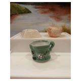 Ireland Belleek ashtray with thorn pattern, Worcester England trinket bowl and a Celedon creamer with Cherry blossoms