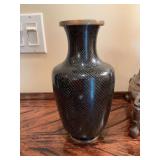 9 inch black and gold cloisonné vase.. condition as shown, does have one dent