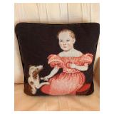 Vintage 14 in.² needle point pillow of girl with dog on black velvet