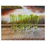 Set of eight hand blown lime green art glass cylinder bud vase 8”x 1 1/2”