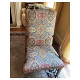 Quality antique upholstered Martha Washington style wooden armchair with matching throw pillow. Chair is 27” x 28” x 43” seat height is 18 inches.