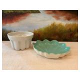 12 inch shell pottery bowl by Catalina (does have one chip as shown), and a 8”x 5“ pot also with a chip -see photos for condition on both.