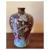 Vintage large Asian ceramic vase with cherry blossoms and birds. 9” x 14 1/2”