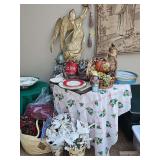 MDF slat leg table 36 x 31 in tall with contents as shown.