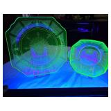 Anchor Hocking "Princes" green uranium depression glass from the 1930s. One bowl and 1 plate (small chip)