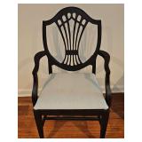 Federal-style mahogany look shield-back arm chair features a freshly painted matte black finish and a light blue-gray textured upholstered seat. 23.5 x 18.5 x 39 in tall. Seat height is 18.5 in