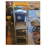 Step ladder with paint shelf. Hike to TOP step is 32 in. Hype to top of paint shelf is 57 in.