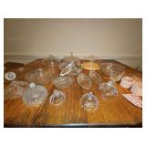 Grouping of various Crystal, glass, and pressed Glass pieces. Intricate cake dome is crystal.