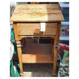 Ethan Allen Wood side table with one drawer. 14x16x29 in tall. Shows wear.