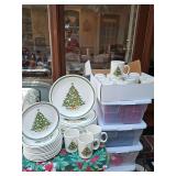 Vintage Sabin Christmas tree dishes. 12 dinner plates, 12 salad plates, 15 mugs. All show crazing.