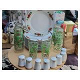 Royal Norfolk Poinsettia dinner plates (12), and 4 sets of salt/pepper shakers. Also includes 10 Country Christmas tumblers.