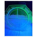 Anchor Hocking "Princes" green uranium depression glass divided  plate from the 1930s. Small chip as shown.