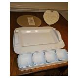 Mark & Graham Italian handmade handled platter, pampered chef baking stone, four dish condiment server, and cherub heart plate.