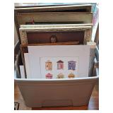 Container of photo/painting/prints frames and home decor. Some with glass some without. See all photos.
